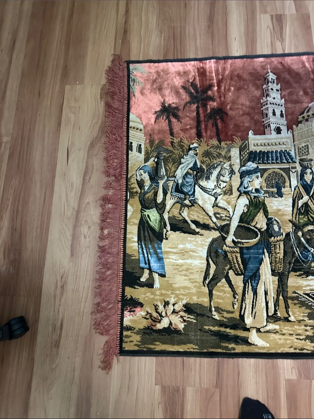 Vintage Mid-Century Woven Wall Tapestry - Middle Eastern Desert Oasis & Market